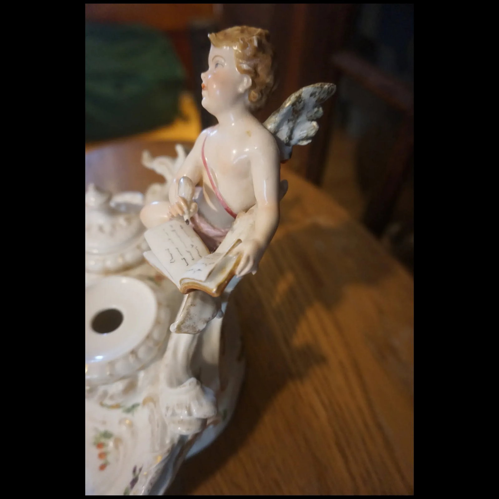 Antique signed German Porcelain double Inkwell cupid writing Love Note - 8