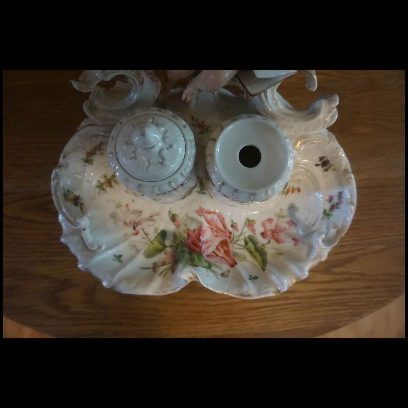 Antique signed German Porcelain double Inkwell cupid writing Love Note - 9