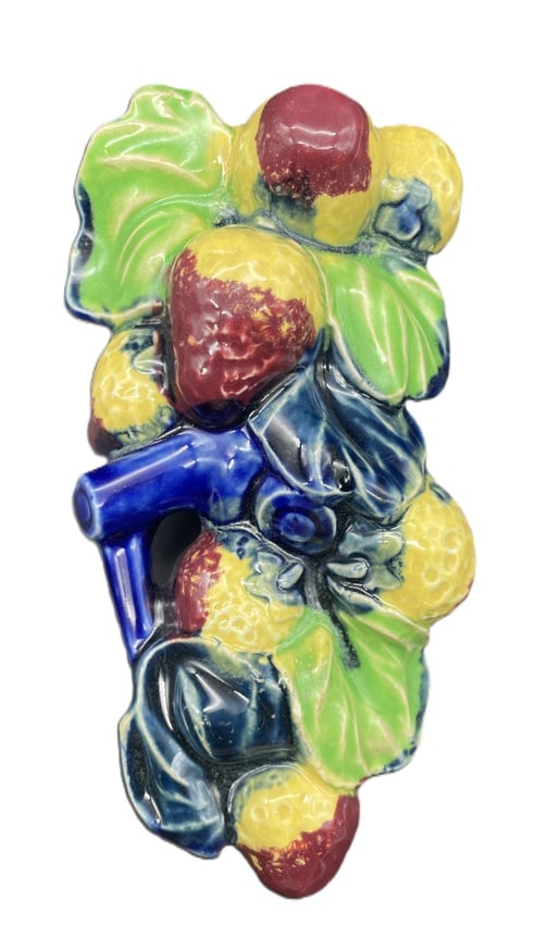 Vintage Majolica Fruits Wall Pocket Japan: Date/Period: Approx 1950's Dimension: Approx. 7" x 3.5" x 2" Material: ceramic Additional Information: Vintage Japanese Majolica Fruits Wall Pocket Shipping: Domestic: Flat-rate of $10.00 to anywhere