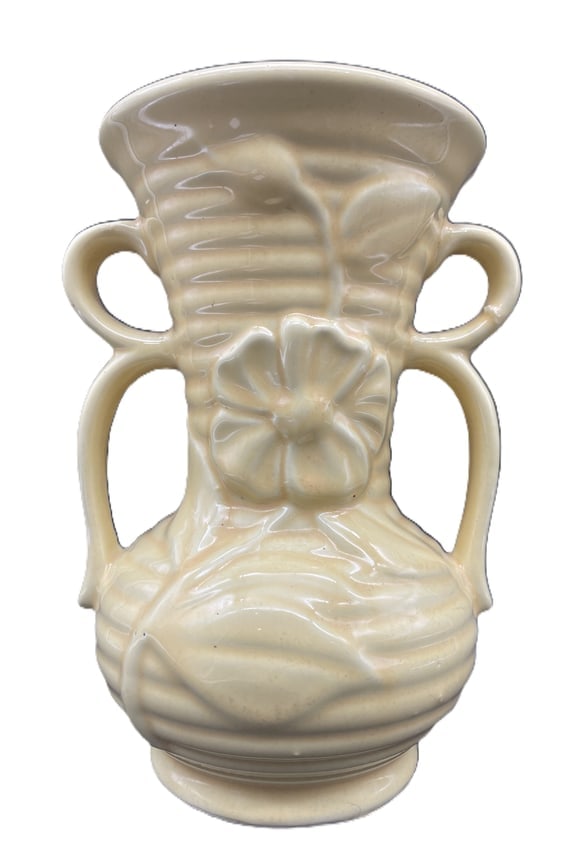 Vintage SHAWNEE RING VASE: Date/Period: Dimension: approx. 7.5 x 5 x 4.5 Material: ceramic Additional Information: Vintage SHAWNEE RING EMBOSS FLOWER VASE DOUBLE HANDLE RIBBED Shipping: Domestic: Flat-rate of $15.00 to anywhere