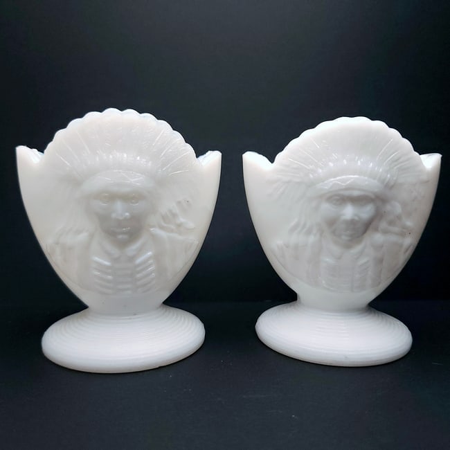 John Kemple Milk Glass Indigenous Indian Chief Toothpick Match Holder Set of 2 (1 of 9)