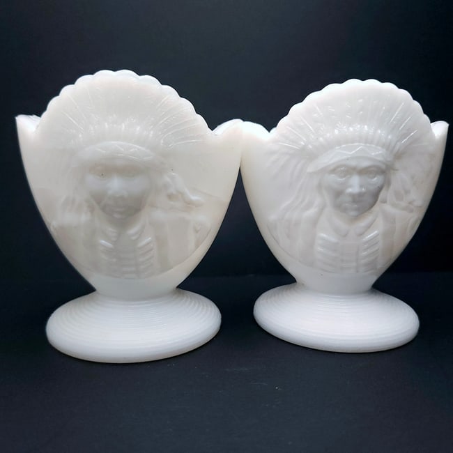 John Kemple Milk Glass Indigenous Indian Chief Toothpick Match Holder Set of 2 - 3