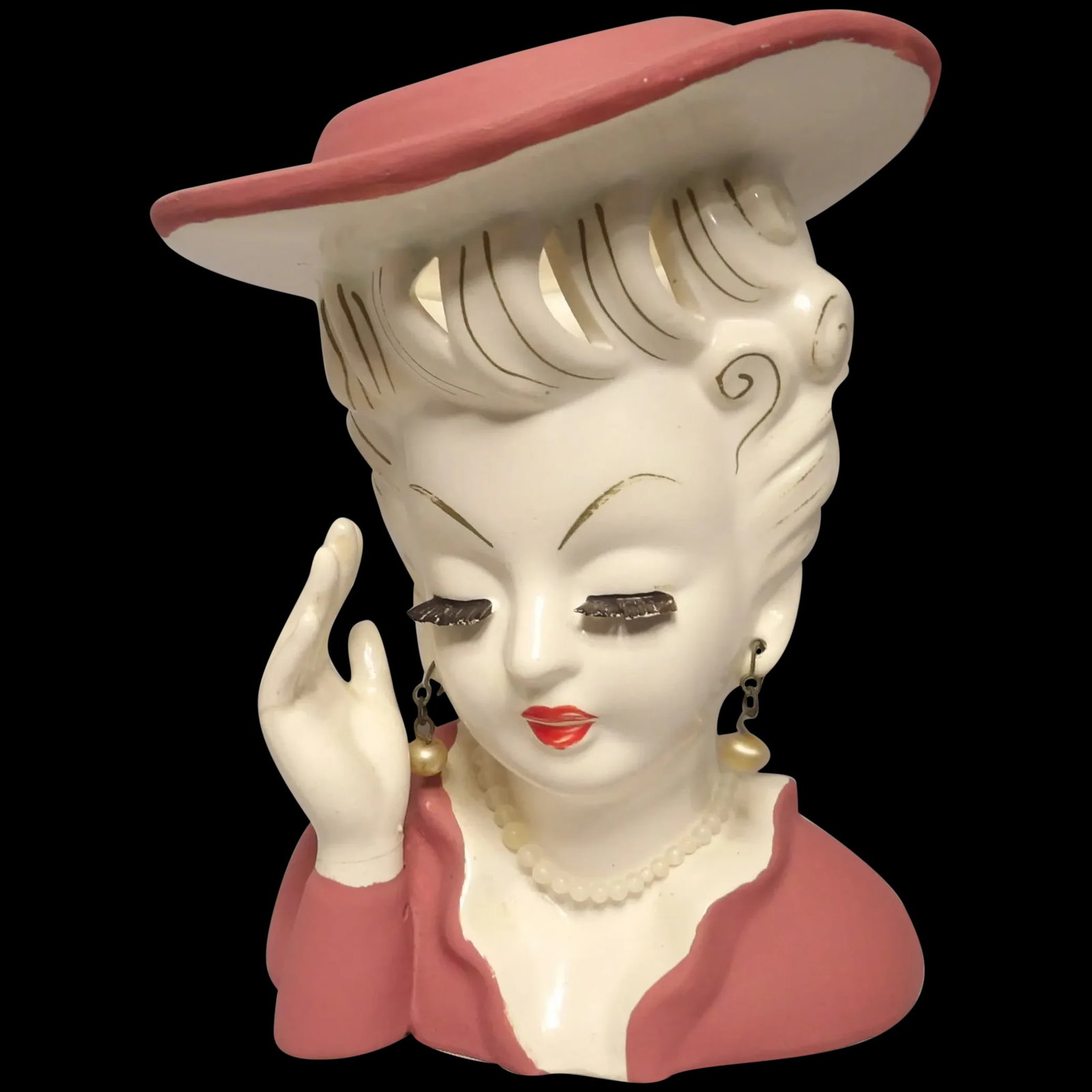 1950s Vintage Tilso Japan Lady Head Vase in Pink Hat and Ruffled Dress: This 1950s Vintage Tilso Japan Lady Head Vase in Pink Hat and Ruffled Dress has her hand broken but it was repaired extremely well. Does not distract from this lovey vase. The opening in the hair usua