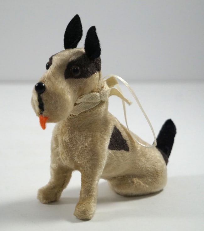 Fripon Fox Terrier Dog Figurine Toy Doll Rascal: Title: Fripon Fox Terrier Dog Figurine Toy Doll Rascal Additional Information: An adorable vintage sitting Fox Terrier Dog. Flocked velvet / felt coat over wood body, with upright ears, amber eyes and