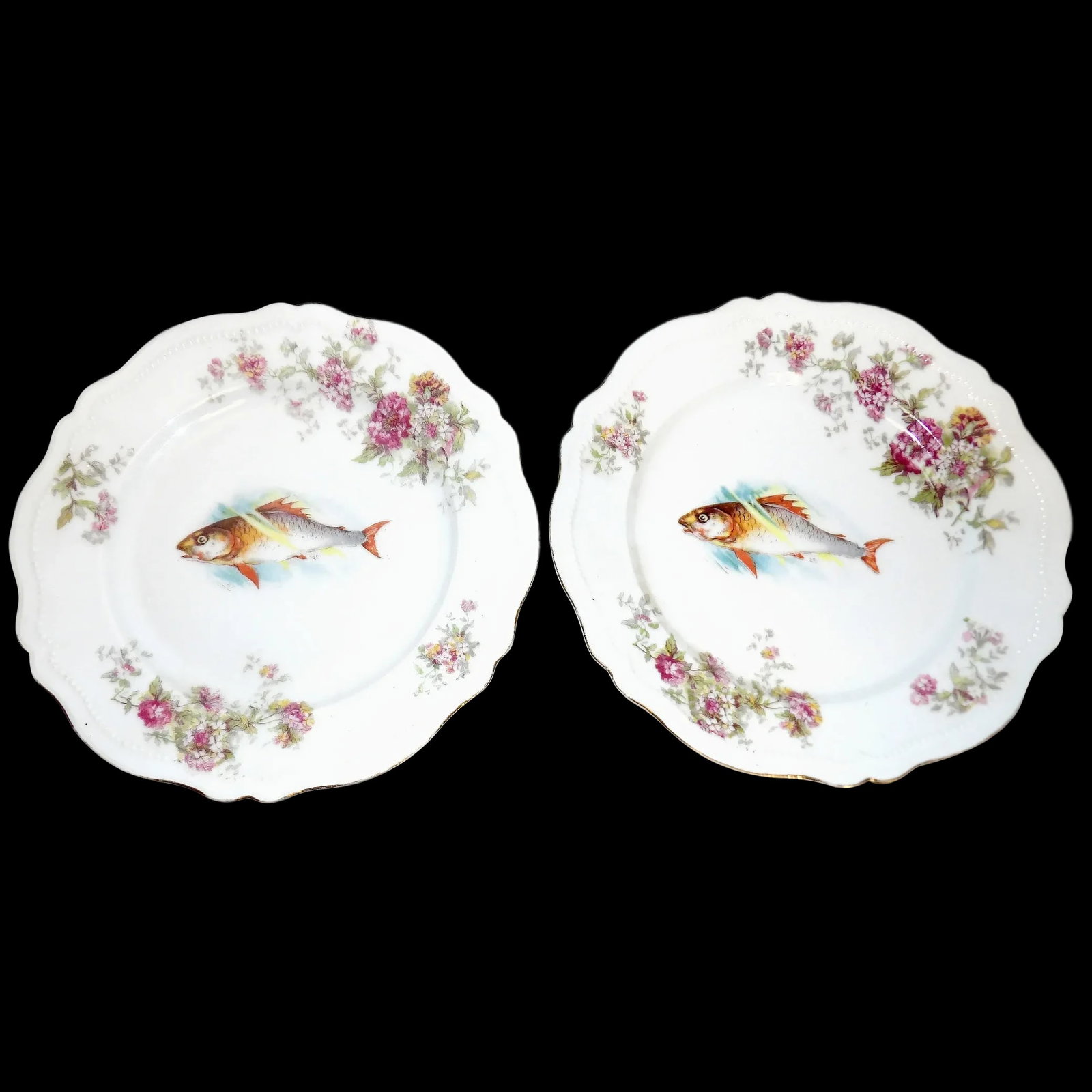 Antique Victorian Era O & E Gutherz Royal Austria Porcelain Fish Plate: This pair of Antique Victorian Era O & E Gutherz Royal Austria Porcelain Fish Plate are in excellent condition- NO chips, cracks, crazing, flea bites . They do have some gold gilt around the edge of