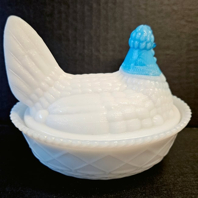Westmoreland White with Blue Slag Turned Head Hen on Nest Circa early 20th-century - 3