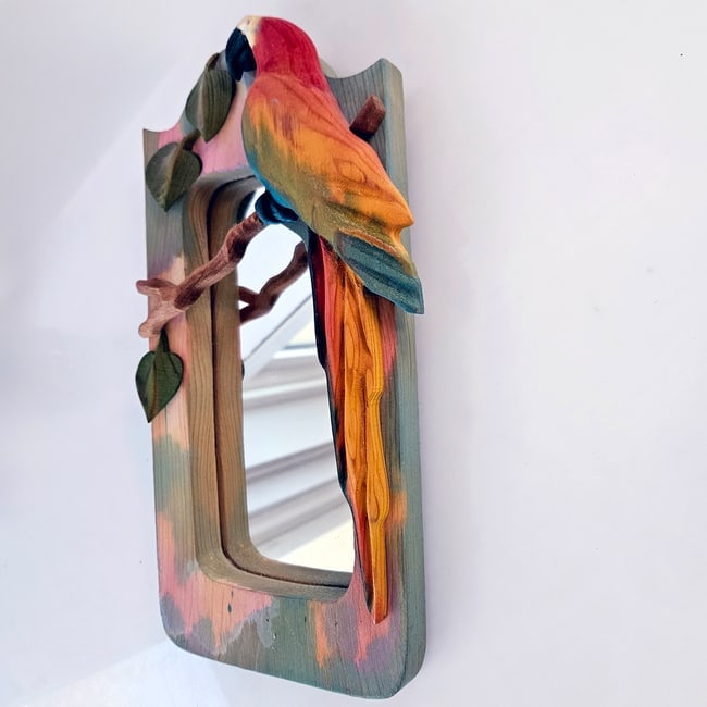 Parrots: Cast Iron Doorstop Bookend and Wood Carved Mirror (SIGNED) - 9
