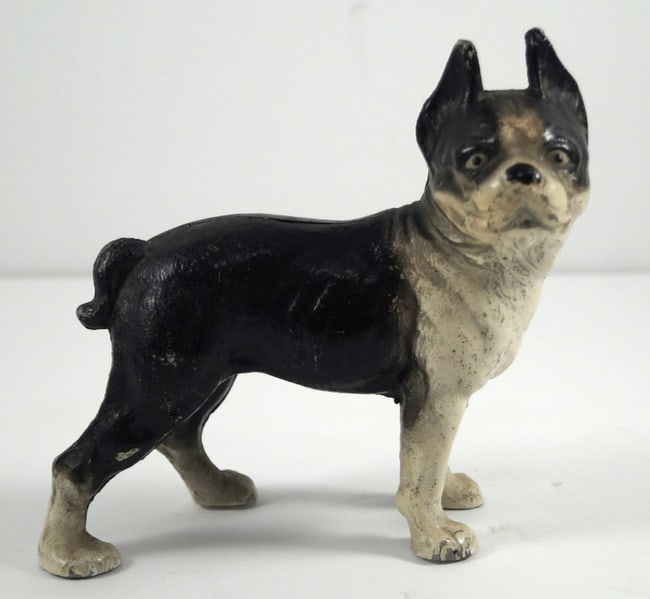 Antique Boston Terrier Dog Cast Metal Penny Still Bank: Title: Antique Boston Terrier Dog Cast Metal Penny Still Bank Additional Information: A really nice example of our canine friend. Made of cast metal in original paint with superb patina. Reference: Th