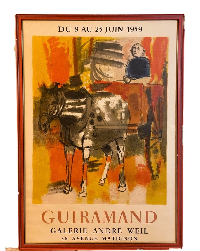 1959 Guiramand Gallerie Poster Framed Mid Century Modern Retro Decor: Date/Period: approx 1959 to early 1960's Dimension: approx 30 x 21 Material: mixed materials Additional Information: Great Colors on this vintage poster advertising the 1959 Paul Guiramand Show.