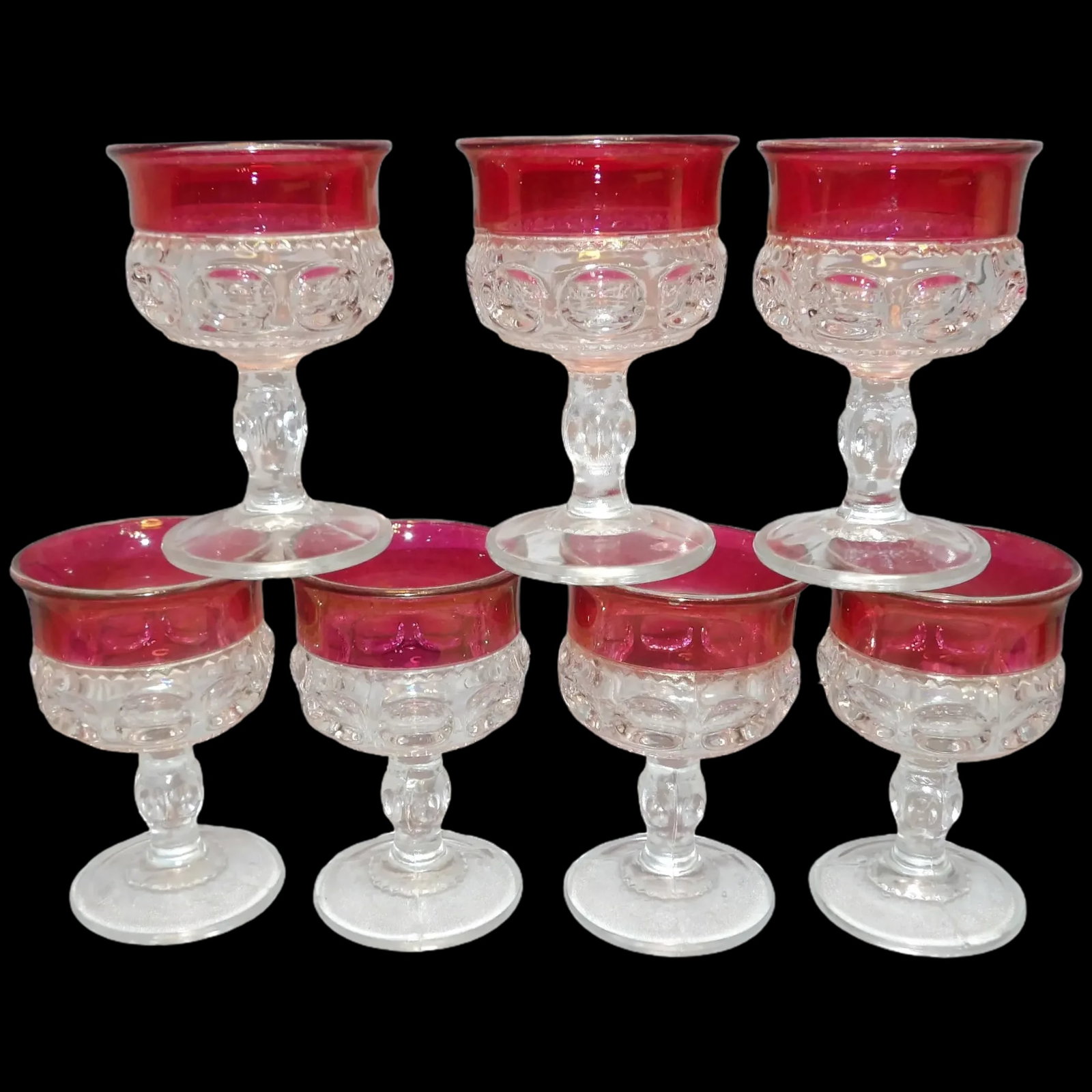 Tiffin Franciscan King's Crown Ruby Flash Stemware Cordial Glasses: This set of 7 Mid-Century Tiffin Franciscan King's Crown Ruby Flash Stemware Cordial Glasses are in excellent condition. There are two different patterns in cordials. Made by Indiana Glass. The stand