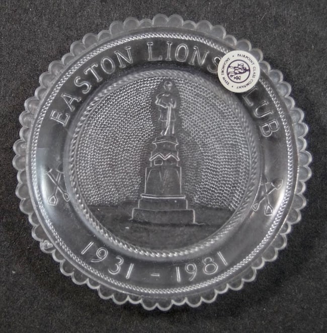 Easton Lions Club Shovel Tool Pairpoint Cup Plate: Title: Easton Lions Club Shovel Tool Pairpoint Cup Plate Additional Information: Offering a Pairpoint Cup Plate, produced in 1981, Easton Town Seal, Soldiers Monument design, Clear color with double