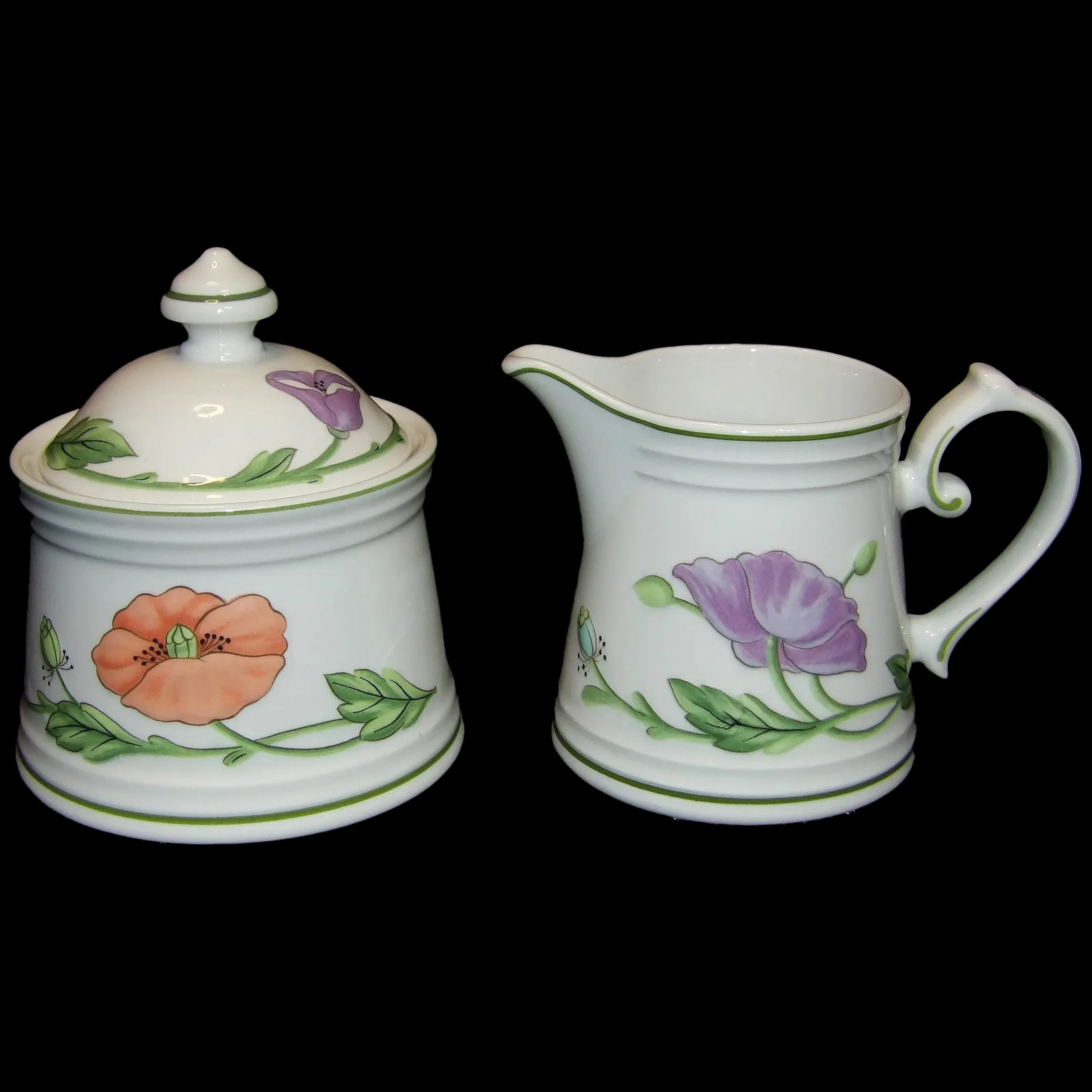 Sugar Bowl with Lid and Creamer Amapola Pattern by Villeroy & Boch: This Sugar Bowl with Lid and Creamer Amapola Pattern by Villeroy & Boch are in near MINT condition. NO stains, chips, etc. Crafted In West Germany it is Dishwasher Safe, Microwave Safe. Villeroy and B
