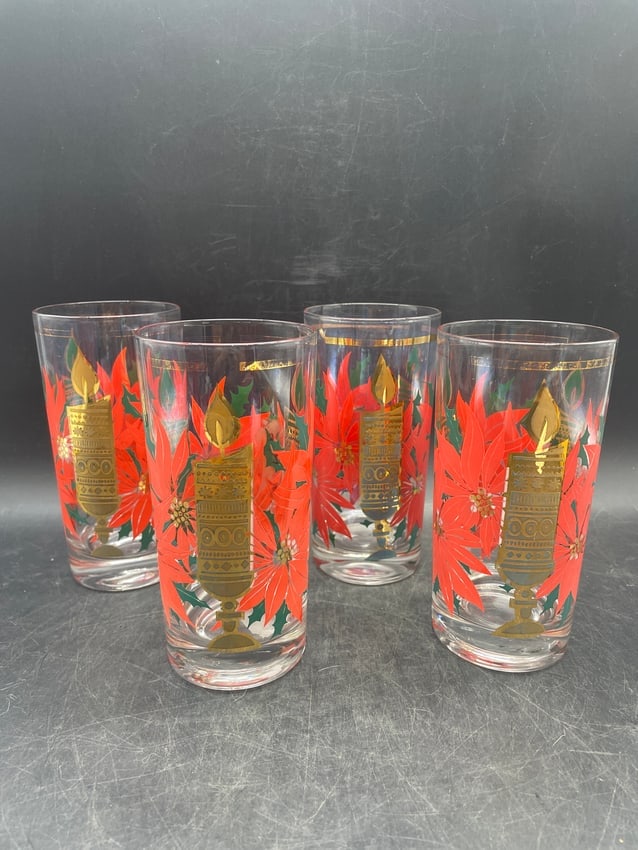 MCM Pasinski Christmas Glasses - 22K Gold Candles with Red Poinsettias: Date/Period: APPROX. 1950'S Dimension: Approx 5.5 x 2.5 Material: GLASS Additional Information: Shipping: Domestic: Flat-rate of $16.00 to anywhere within the contiguous U.S. International: Foreign