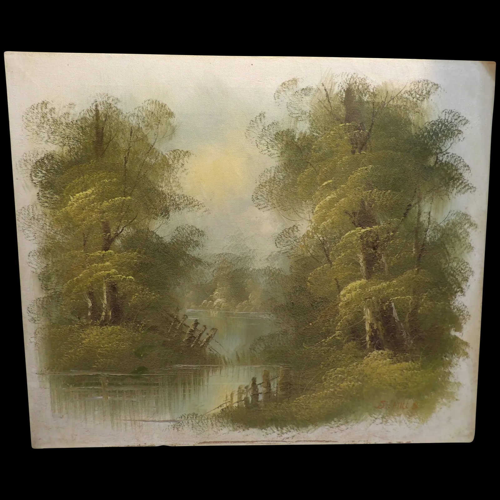 Original Oil Painting by S Hill: S Hill is a know artist with many sales of his art. The picture is of a lake and trees, subtle greens and yellow produce a beautiful scene. This is sold unframed so you can pick the frame you would li