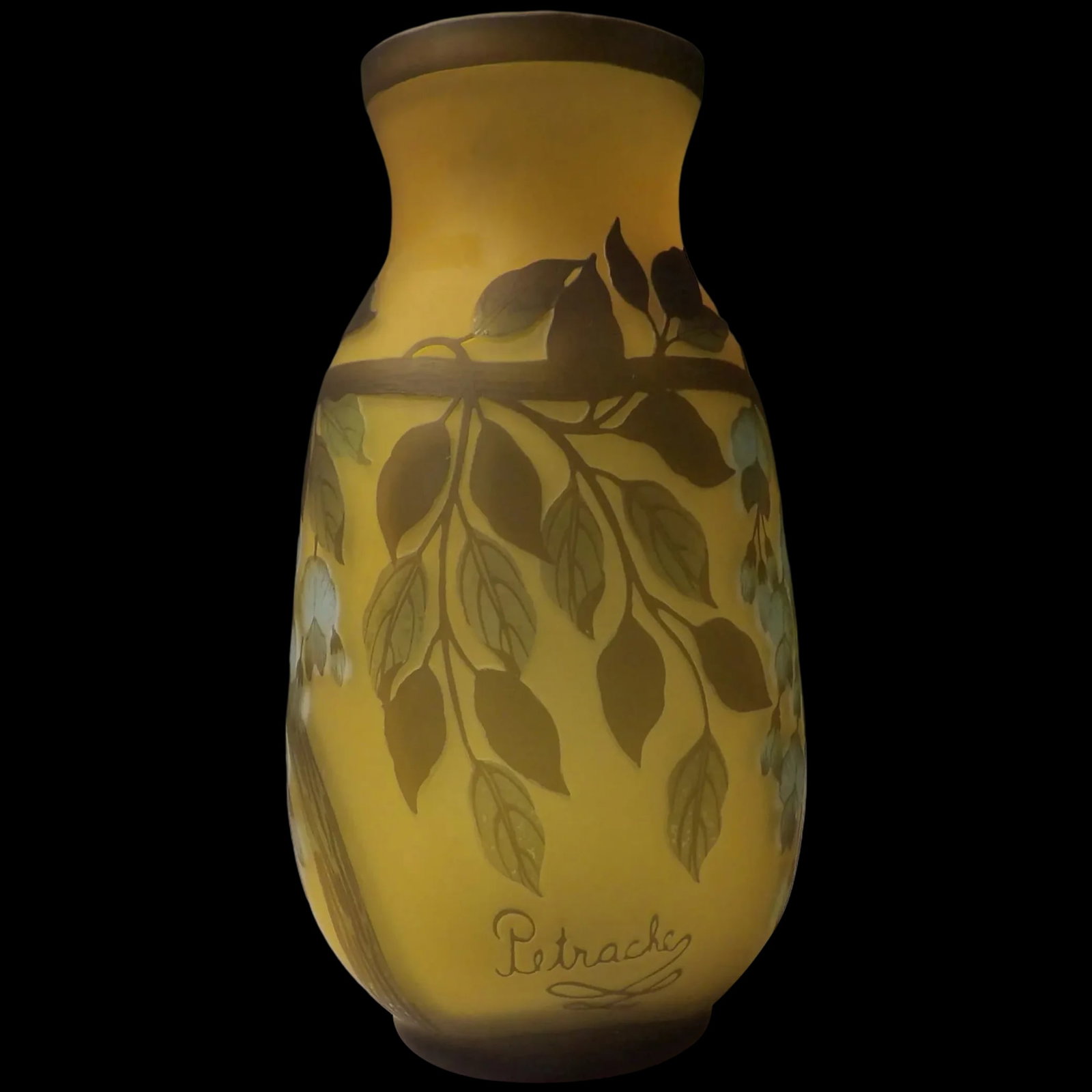 Petrache Frosted Romanian Cameo Glass Vase: This Petrache Frosted Romanian Cameo Glass Vase is in excellent condition. NO chips, cracks, etc. The intricate piece of glass is quite heavy and measures 10 1/2" tall, 5" wide at the base and 3 1/2" 