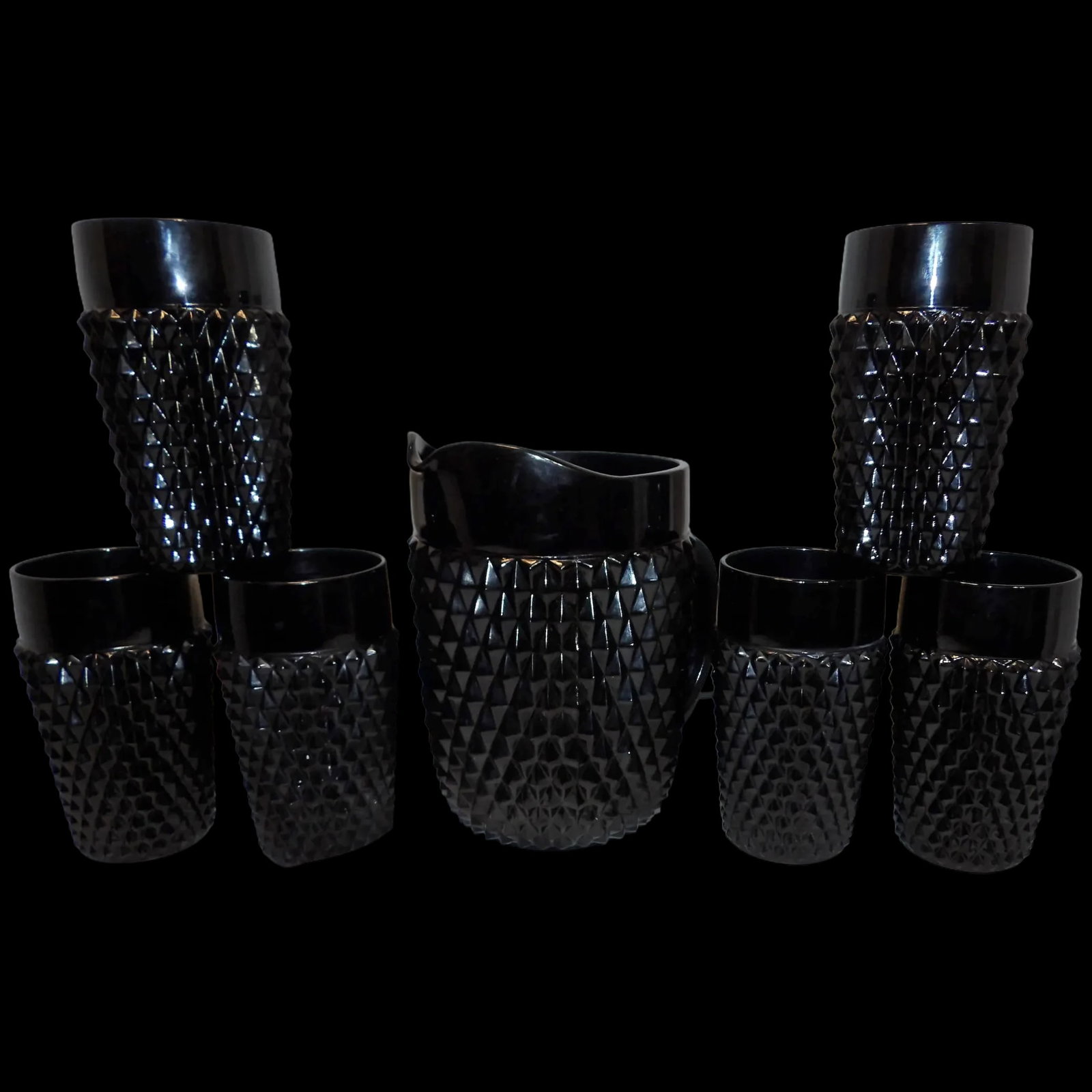 Indiana Glass Tiara Black Diamond Point Tumblers and Cameo Pitcher: This set of 6 Indiana Glass Tiara Black Diamond Point Tumblers are in excellent condition. This Pattern was in production from 1965-1990. The cameo pitcher does have one chip (shown in photo) other