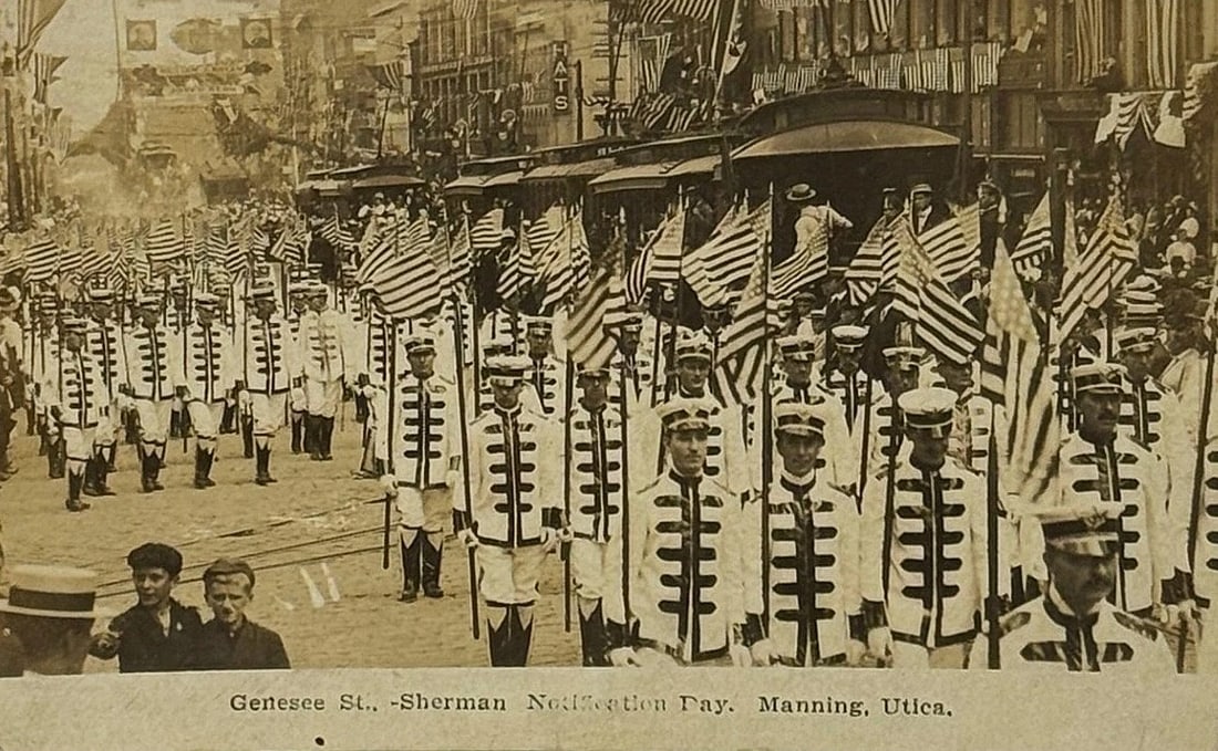 RPPC Real Photo Patriotic Postcard Parade 1908 Utica, NY American Flags Galore: Real photo patriotic postcard depicting the historic 'Notification Day' when John S. Sherman was notified of his nomination to be the Vice President to William Howard Taft in 1908. It was held on Gene