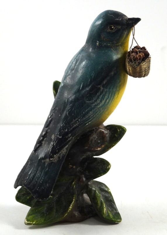 Vintage Blue Bird w/ Basket Chalk Figurine: Title: Vintage Blue Bird w/ Basket Chalk Figurine Additional Information: Wonderful Vintage German chalk-ware bird holding an exceptionally detailed hand woven wire basket filled with well preserved d