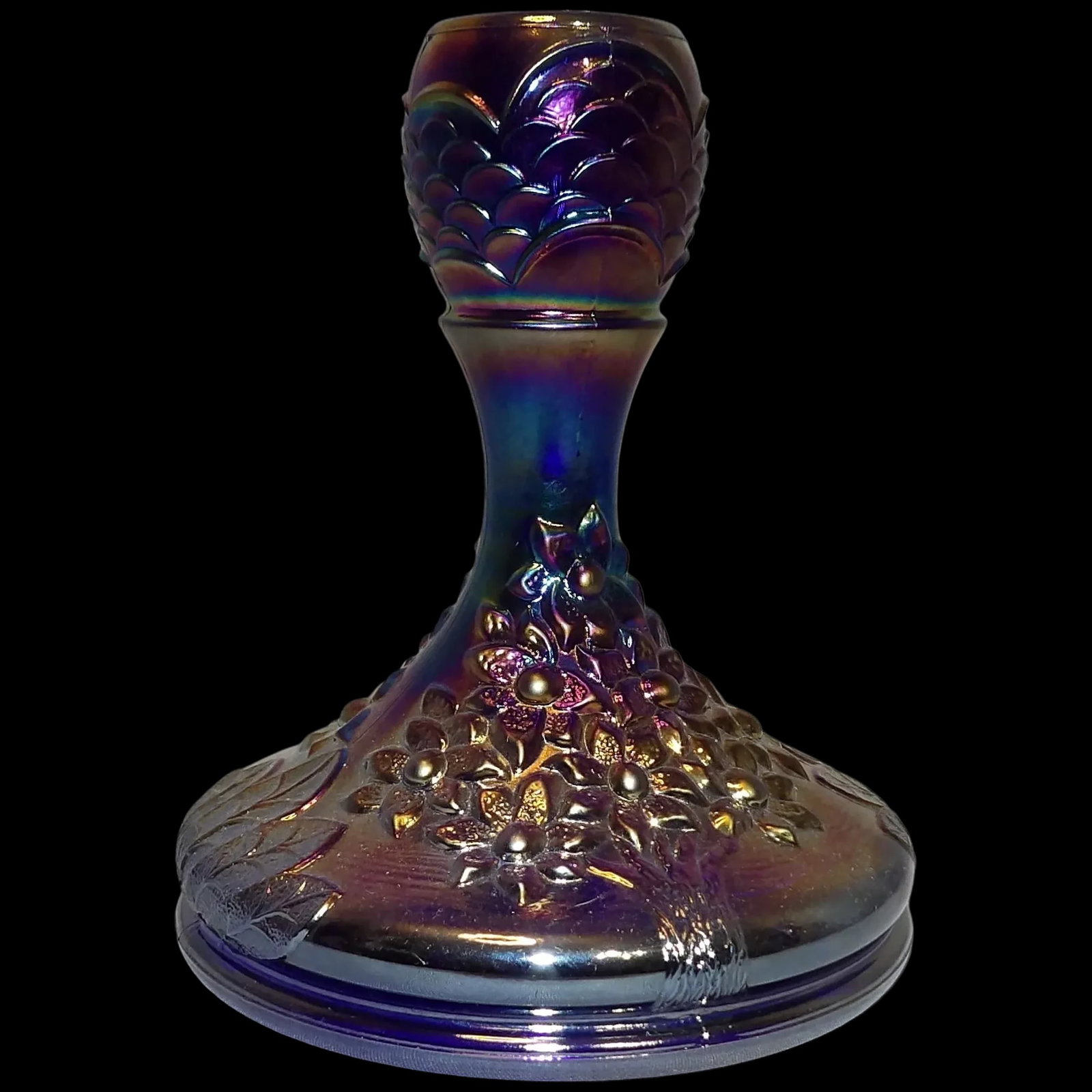 Fenton Orange Tree Cobalt Iridescent Carnival Glass Candlestick: This Fenton Orange Tree Cobalt Iridescent Carnival Glass Candlestick is in near MINT condition. Never used- was only for display. It measures 5" x 4 1/4". It will make a striking display or useful ite