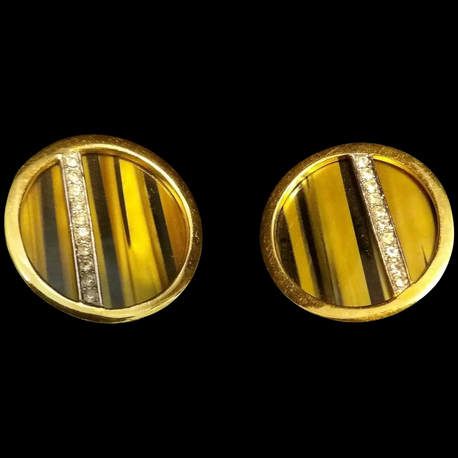 1960s Modernist Signed Trifari Earrings with Tiger's Eye Gemstones and Rhinestones (1 of 5)