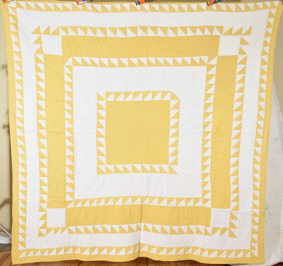 1930's Yellow Sawtooth Square Quilt: This GRAPHIC cotton 1920's / 1930's yellow and white sawtooth square-in-a-square quilt is all hand pieced and hand quilted. It measures 82" X 82" and is in excellent condition, with a couple of small 