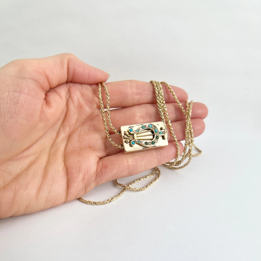 Antique Victorian Lyre Turquoise Seed Pearl Necklace 14K Yellow Gold, 26.58 Gram - 5