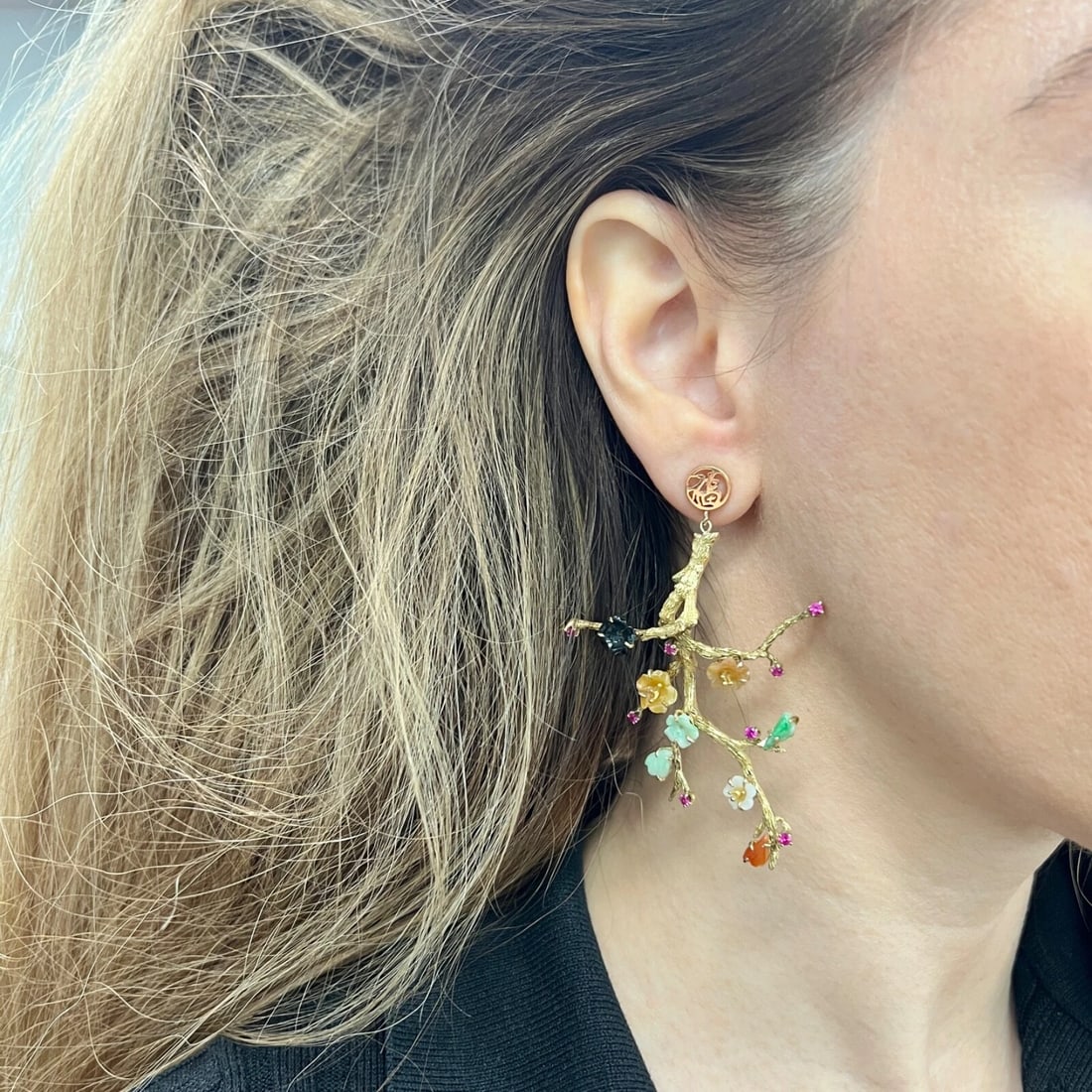 Vintage Fu Multicolored Jade Branch Dangle Drop Earrings 14K Yellow Gold 22.18 G - 4