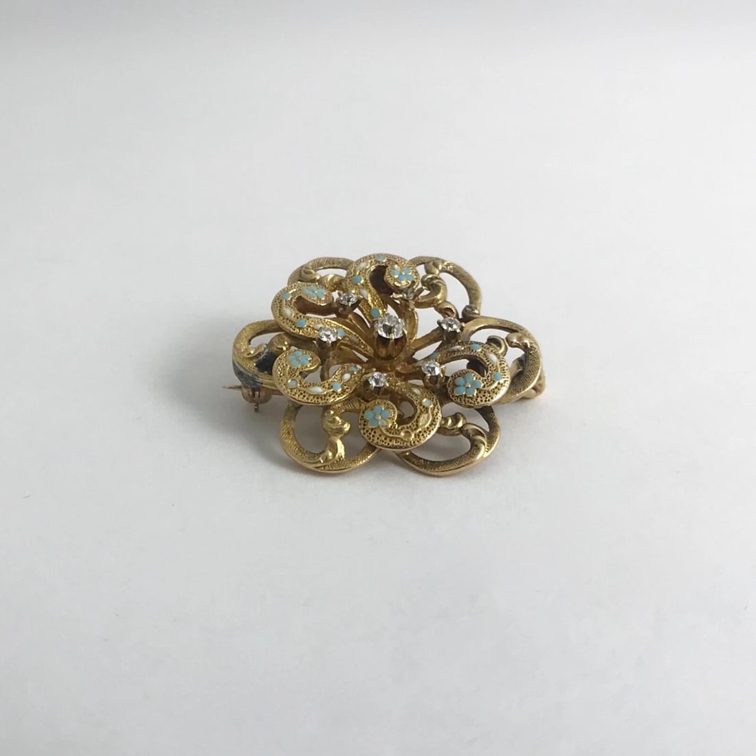 Antique Edwardian Diamond Turquoise Enamel Brooch Pin 20K Yellow Gold, 5.19 Gram - 8