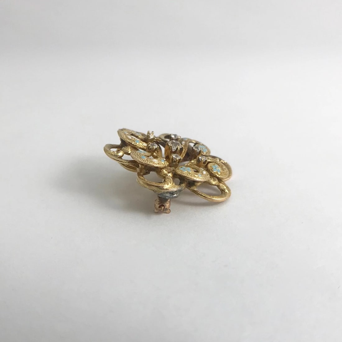 Antique Edwardian Diamond Turquoise Enamel Brooch Pin 20K Yellow Gold, 5.19 Gram - 9
