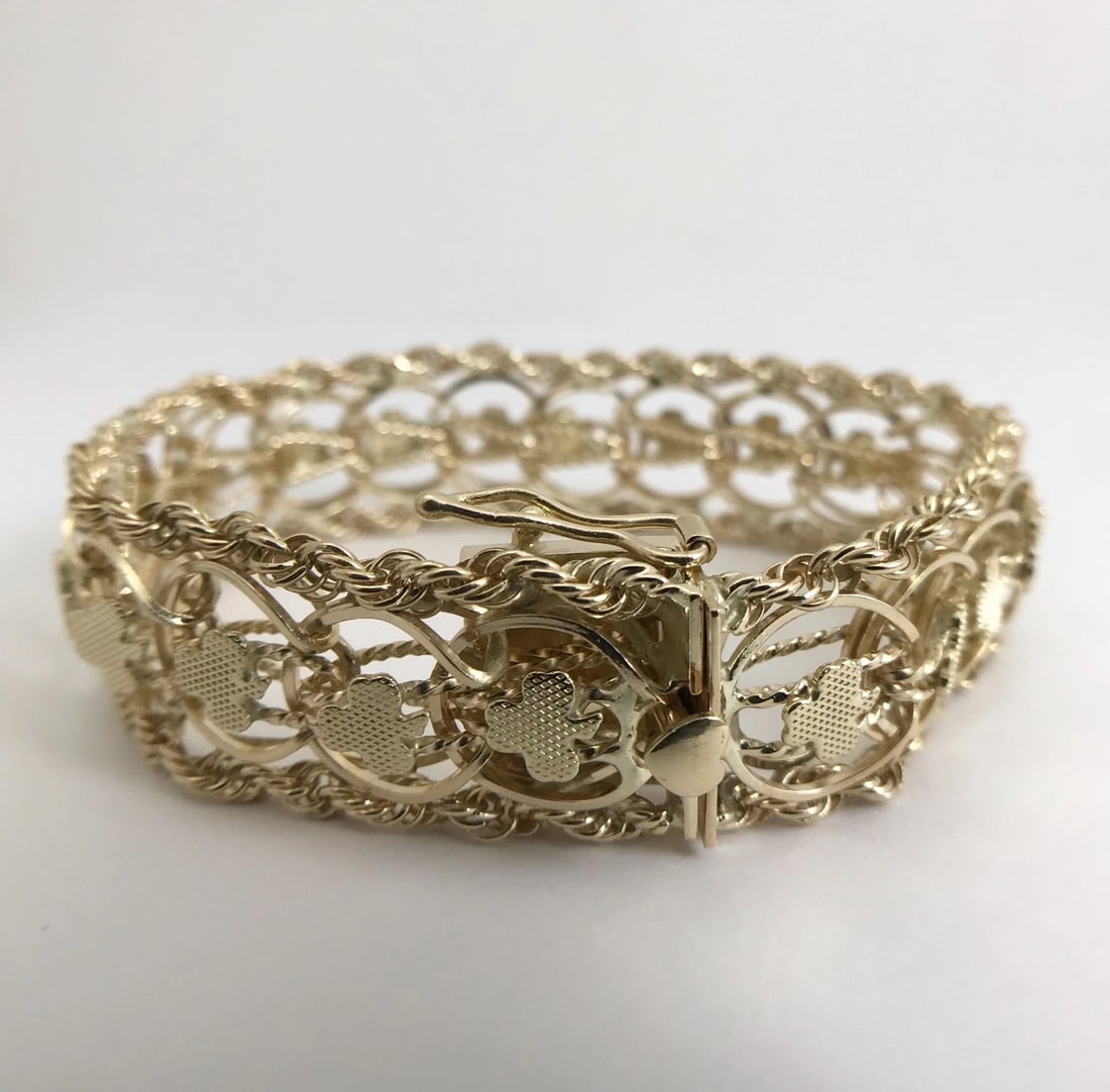 Vintage 1950's Wide Clover Rope Chain Bracelet 14K Yellow Gold, 37.14 Grams - 10