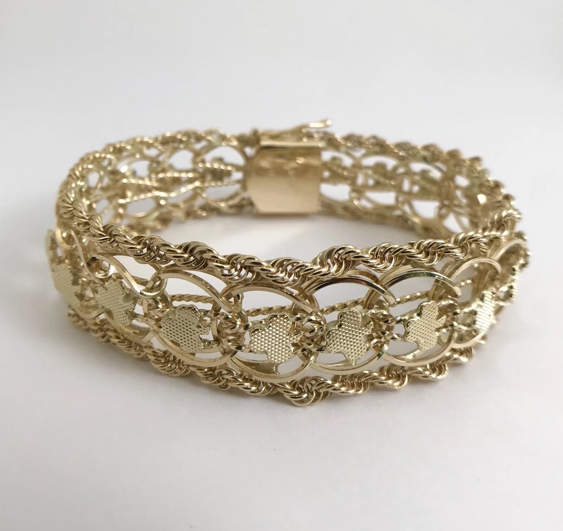 Vintage 1950's Wide Clover Rope Chain Bracelet 14K Yellow Gold, 37.14 Grams - 7