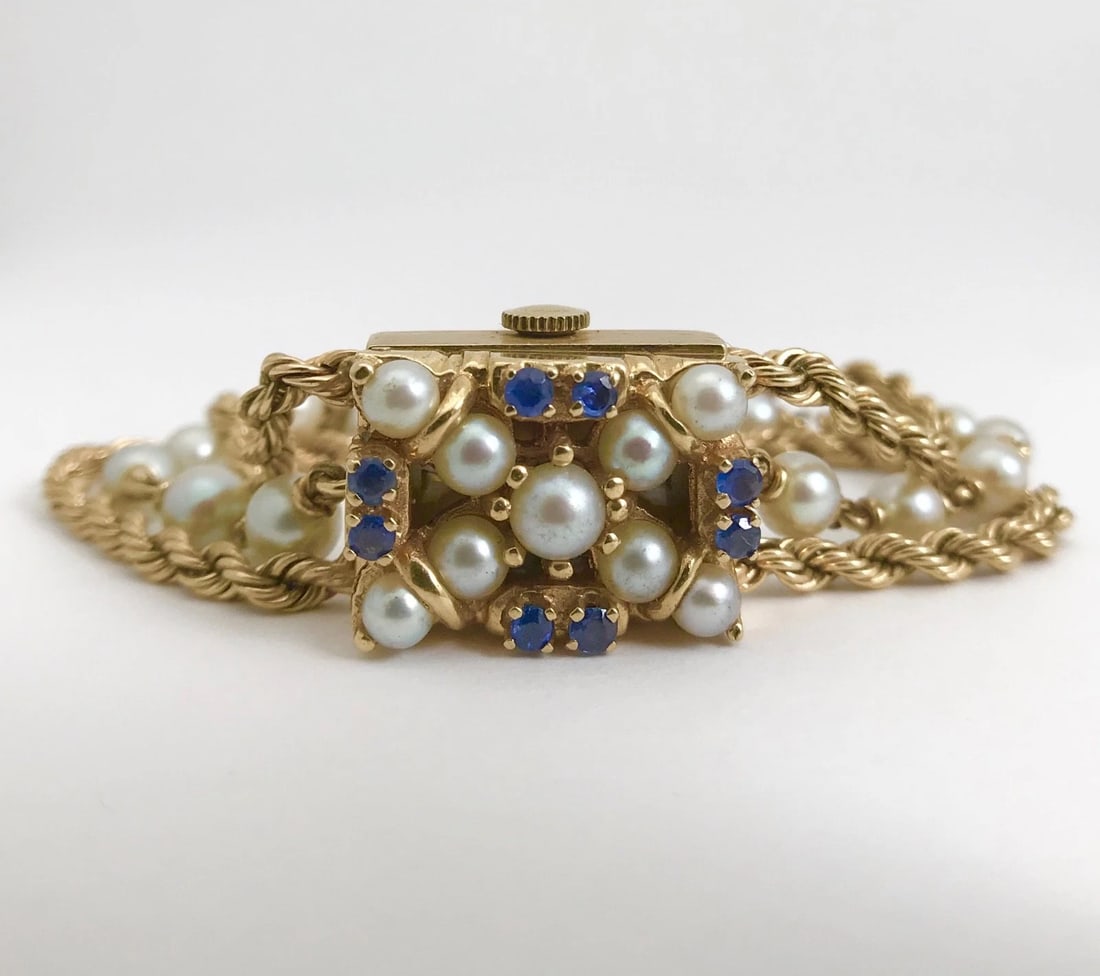 Vintage 1940's Nelmor Pearl Sapphire Bracelet Watch 14K Yellow Gold, 30.7 Grams - 7