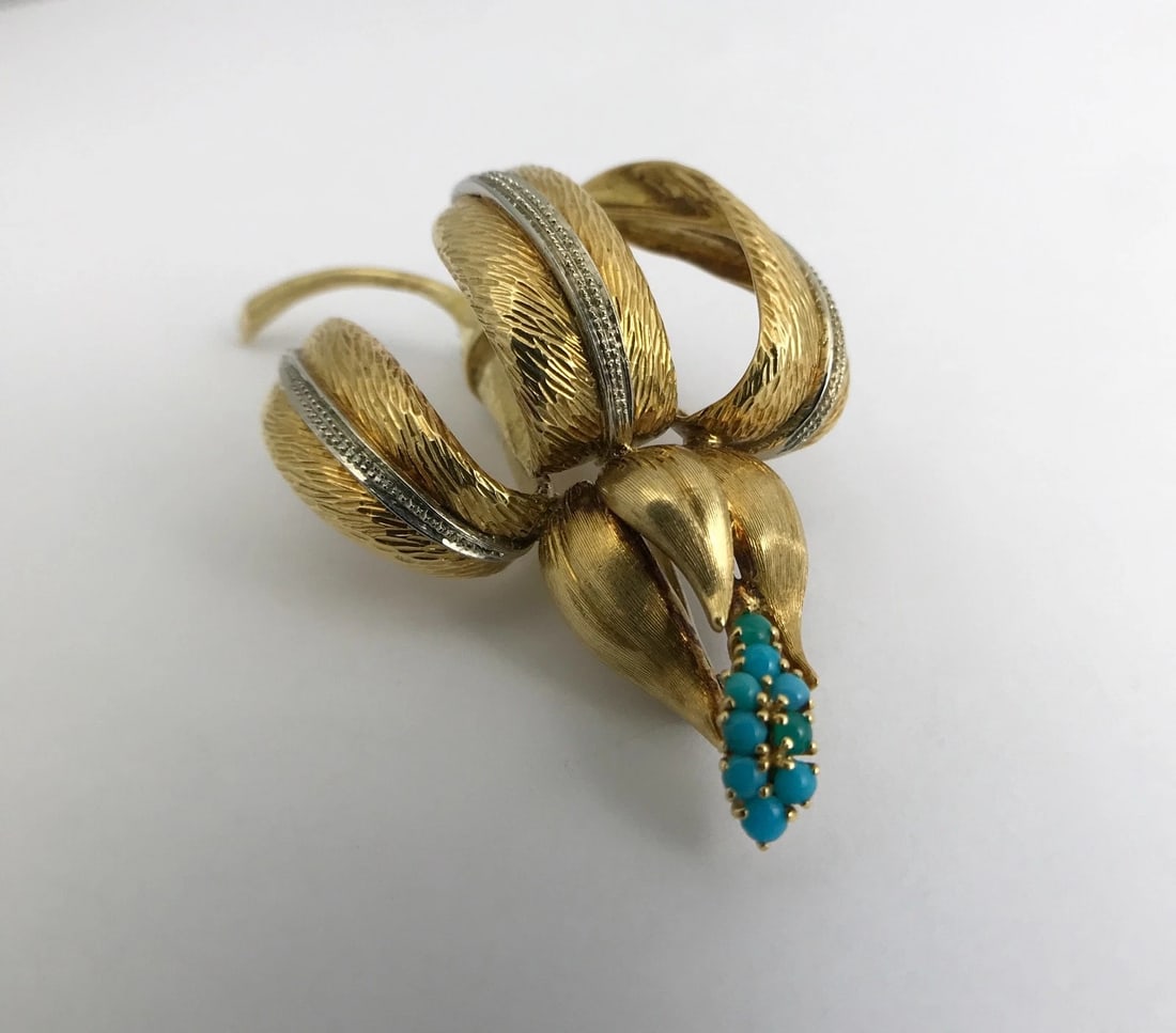 Vintage 1950's Turquoise Flower Brooch Pin in 18K Yellow Gold, 19 Grams - 8