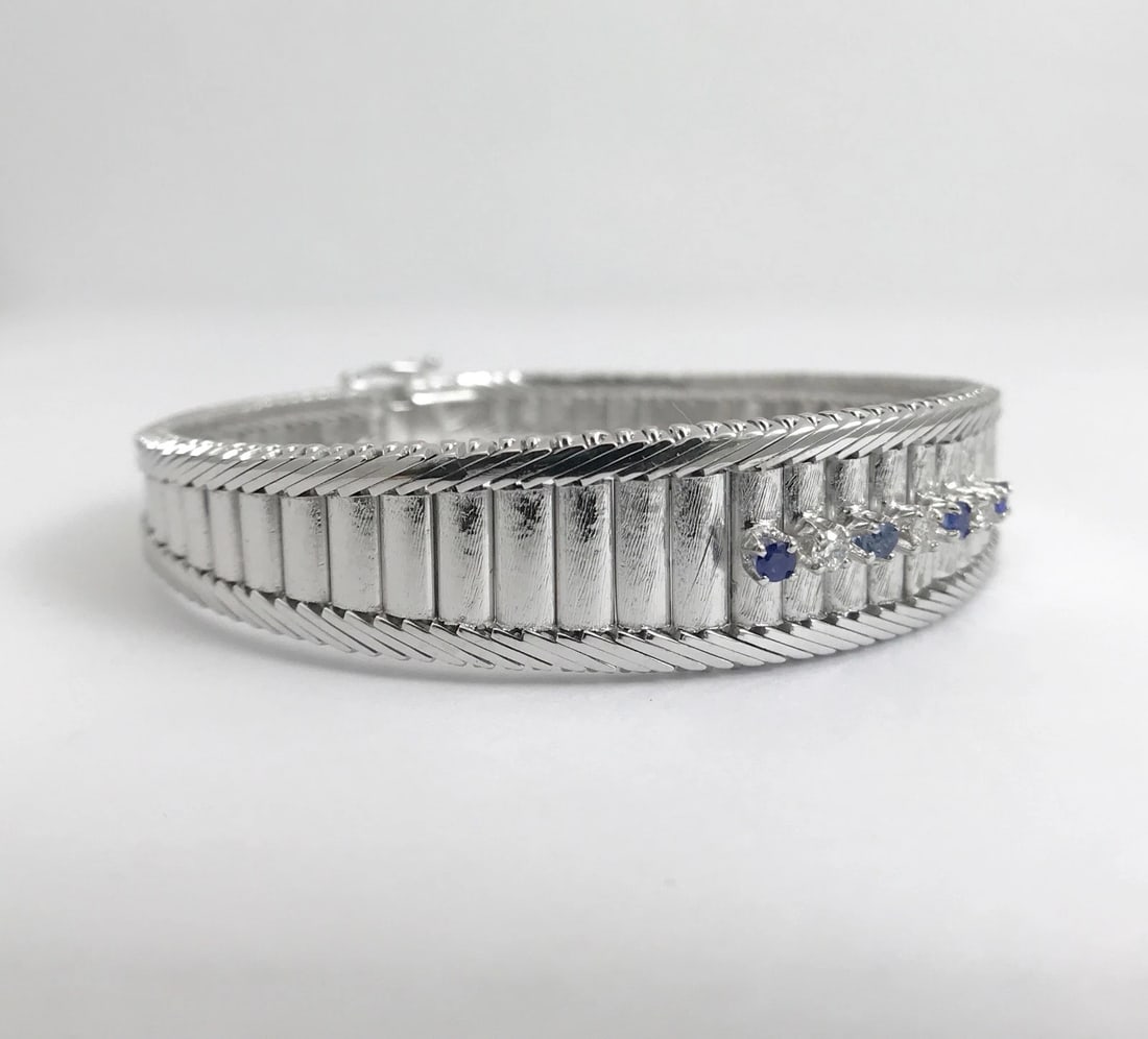Vintage Blue Sapphire Diamond Wide Flex Bracelet 14K White Gold, 32.22 Grams - 8