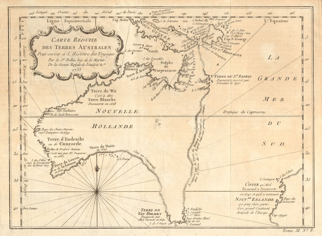 Carte r?duite des Terres Australes'. Pre-Cook Australia & NZ. BELLIN 1753 map (1 of 1)