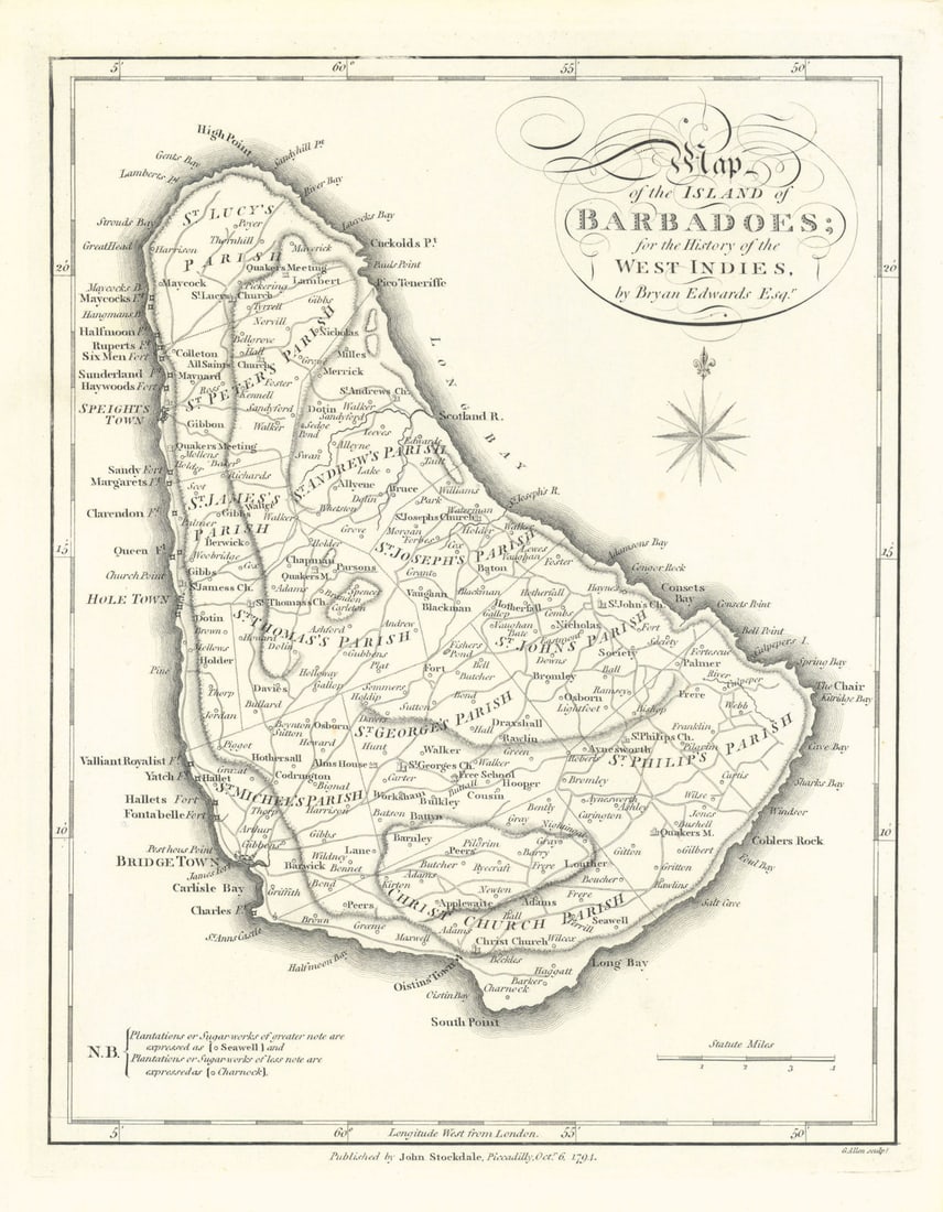 A Map of the Island of Barbadoes', by Bryan EDWARDS. BARBADOS. West Indies 1794 (1 of 1)