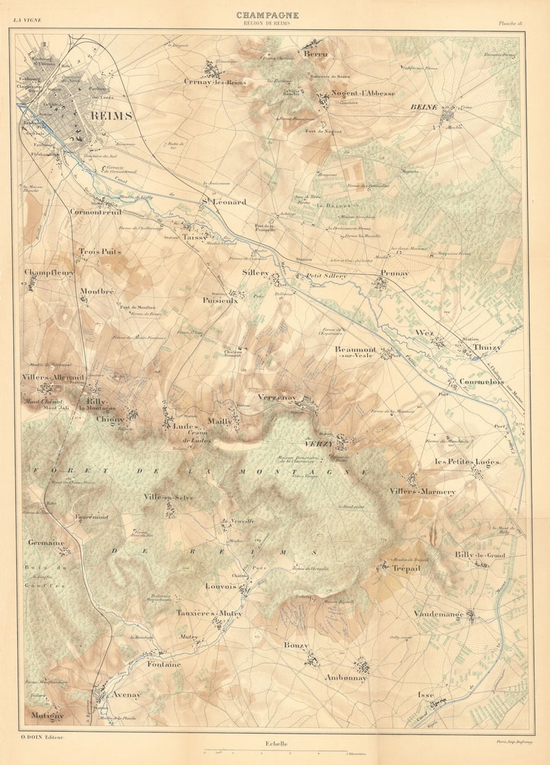 Champagne wine map - R?gion de Reims. HAUSERMANN 1901 old antique chart (1 of 1)