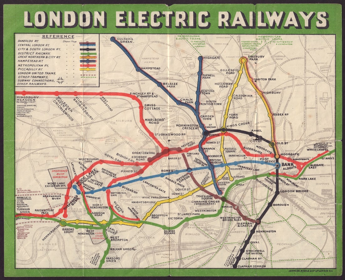 London Electric Railways. Underground tube network map 1909 old antique (1 of 1)