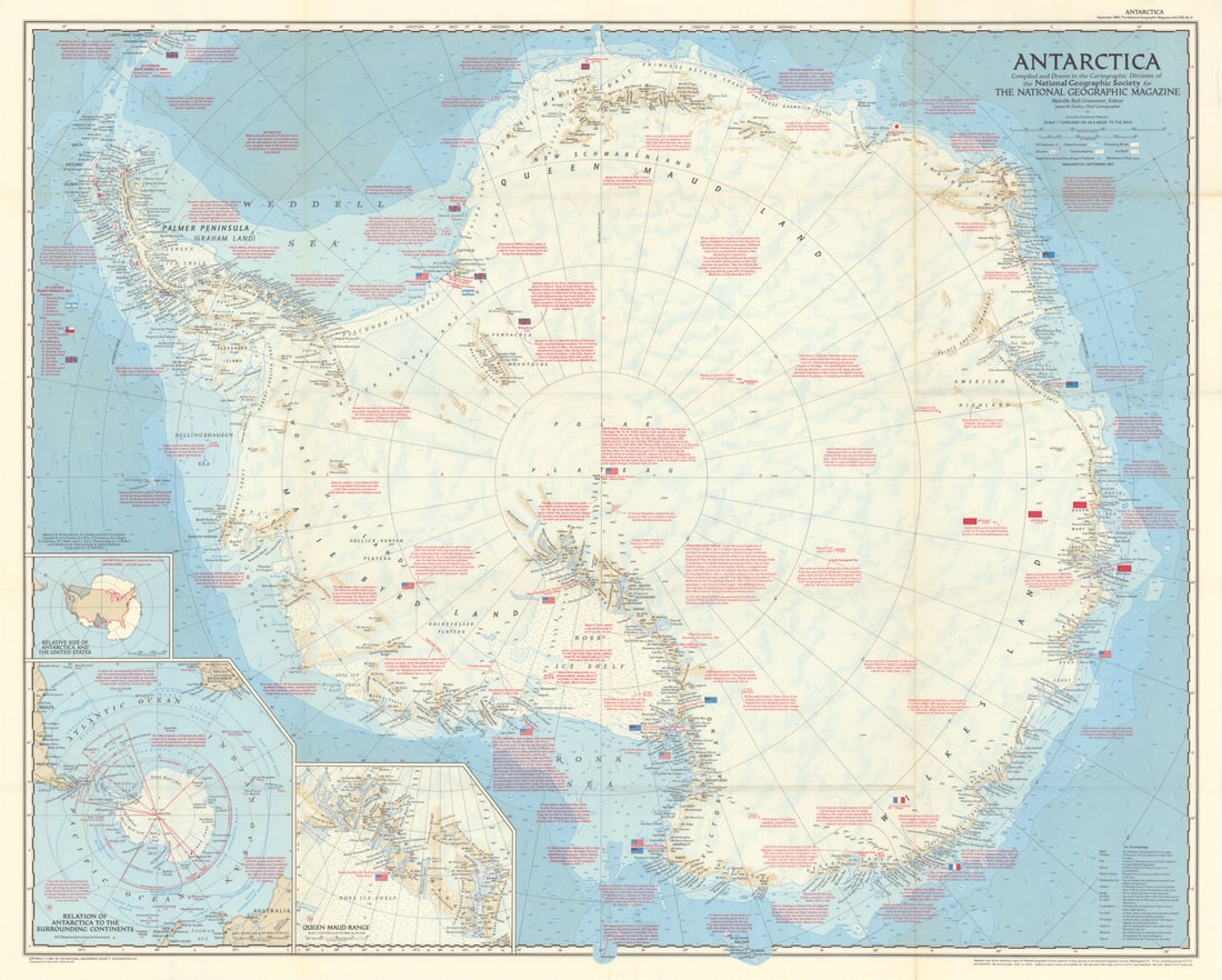 Antarctica. National Geographic map for the International Geophysical Year 1957: Title: Antarctica. National Geographic map for the International Geophysical Year 1957 Description: Antarctica'. An extremely detailed and informative map of the Antarctic continent issued during the