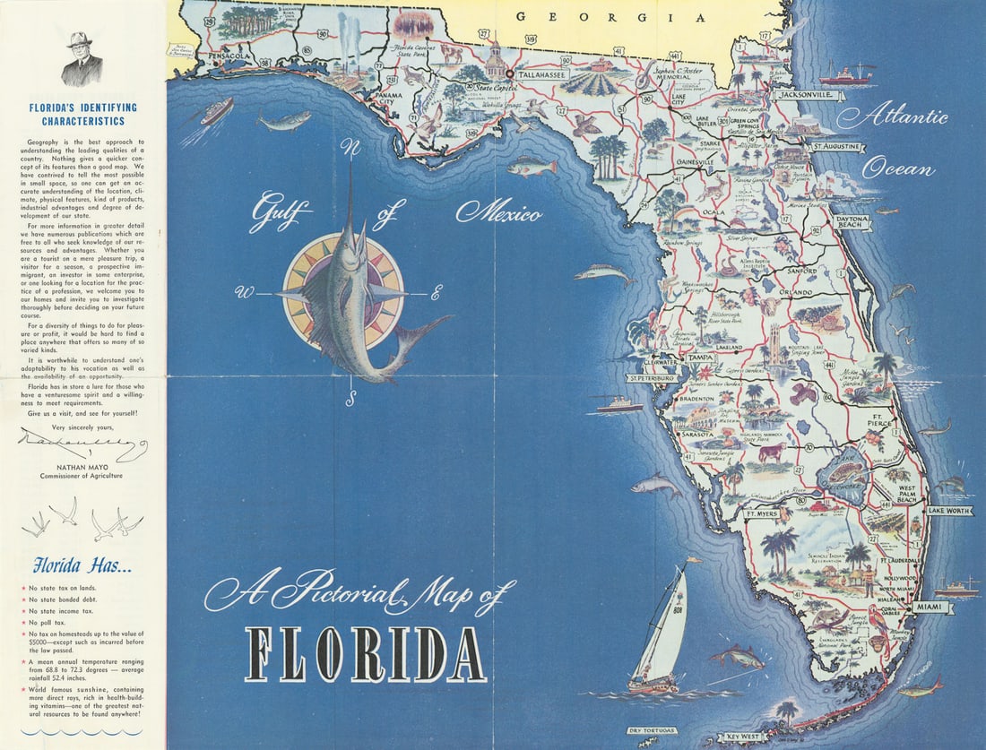 A Pictorial Map of Florida by George D. Way 1951 old vintage plan chart: Title: A Pictorial Map of Florida by George D. Way 1951 old vintage plan chart Description: A Pictorial Map of Florida'. A whimsical 1951 pictorial map of Florida drawn & illustrated by George D. 