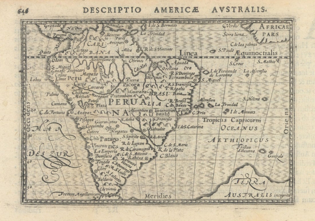 Americae Australis / Peruana by Bertius / Langenes. South America 1603 old map: Title: Americae Australis / Peruana by Bertius / Langenes. South America 1603 old map Description: Descriptio Americae Australis / Peruana [South America & Terra Australis]. The map shows part of 