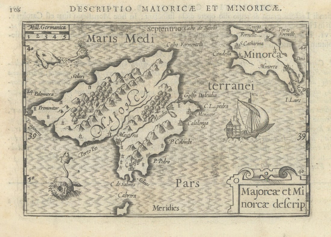 Maioricae / Majorcae et Minorcae by Bertius / Langenes. Balearics 1603 old map: Title: Maioricae / Majorcae et Minorcae by Bertius / Langenes. Balearics 1603 old map Description: Descriptio Maioricae et Minoricae / Majorcae et Minorcae descrip. [Majorca and Minorca]. Drawn by