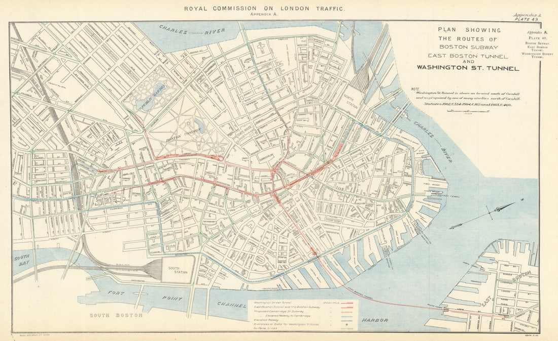 Boston Subway. East Boston & Washington Street Tunnels. Proposed lines 1906 map: Title: Boston Subway. East Boston & Washington Street Tunnels. Proposed lines 1906 map Description: Royal Commission on London Traffic. Appendix A. Plan showing the routes of the Boston Subway East