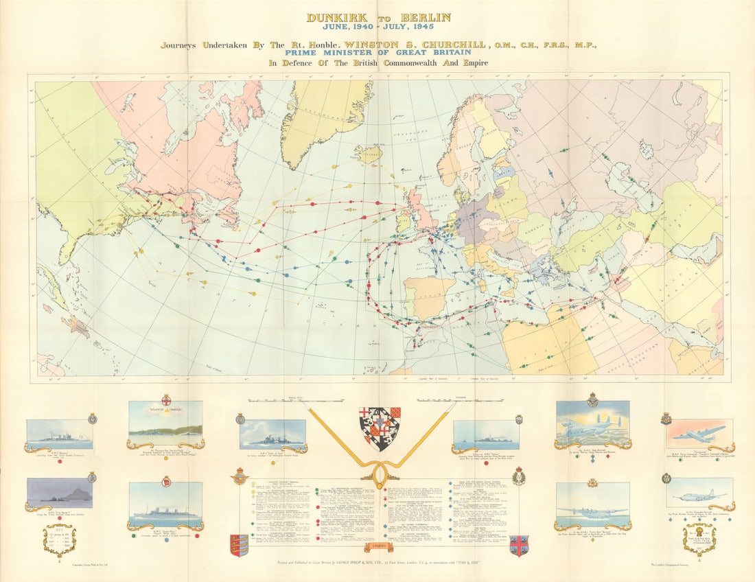 Churchill's Wartime Journeys. Dunkirk 1940 to Berlin 1945. De Vine Hunt 1947 map (1 of 1)