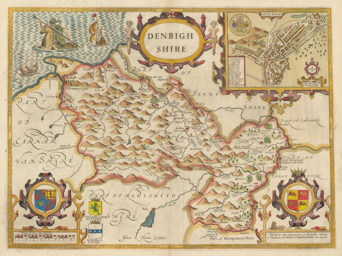 Denbighshire county map by John Speed. Bassett & Chiswell edition 1676 old (1 of 1)