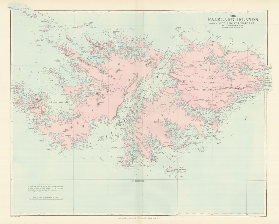 The Falkland Islands surveyed by Captain Robert Fitzroy. STANFORD 1894 old map (1 of 1)