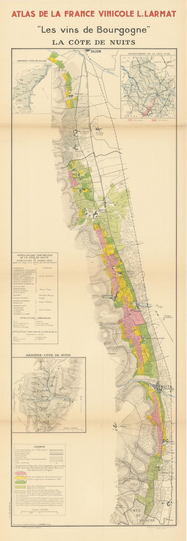 BURGUNDY BOURGOGNE WINE MAP La C?te de Nuits vineyards vignobles. LARMAT 1942: Title: BURGUNDY BOURGOGNE WINE MAP La Côte de Nuits vineyards vignobles. LARMAT 1942 Description: "Les Vins de Bourgogne" - La Côte de Nuits' (Atlas de la France Vinicole L. Larmat). The map