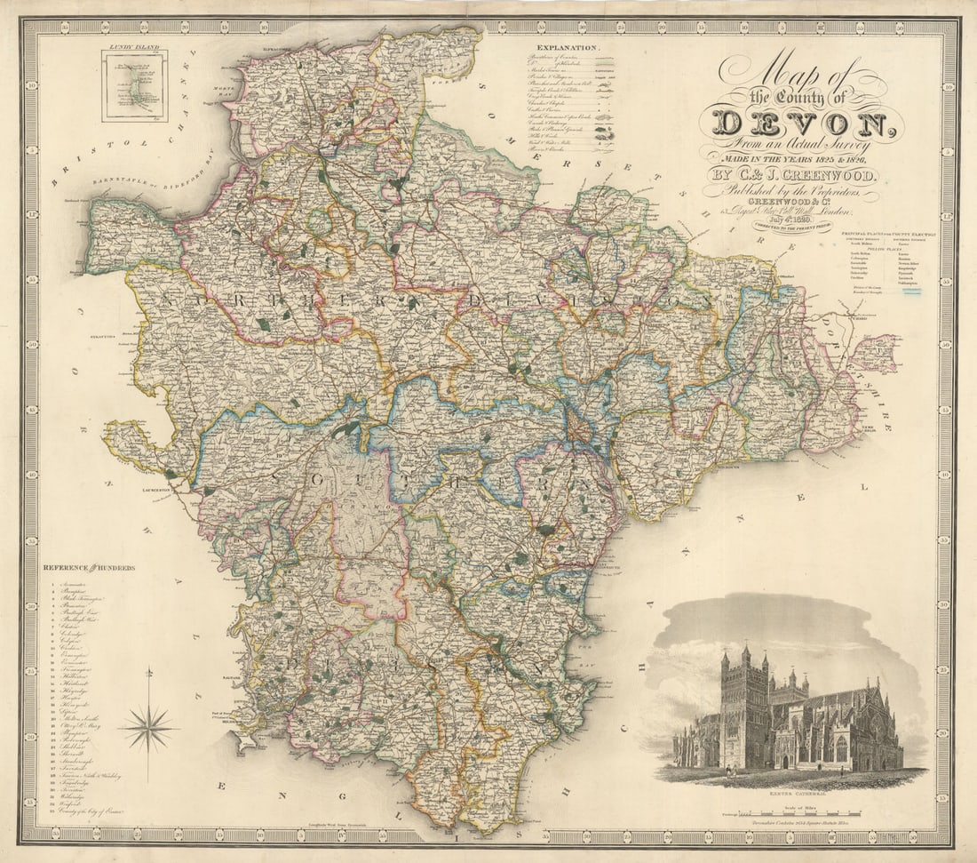 "Map of the county of Devon" by C. & J. Greenwood. 63x72cm 1829 old (1 of 1)