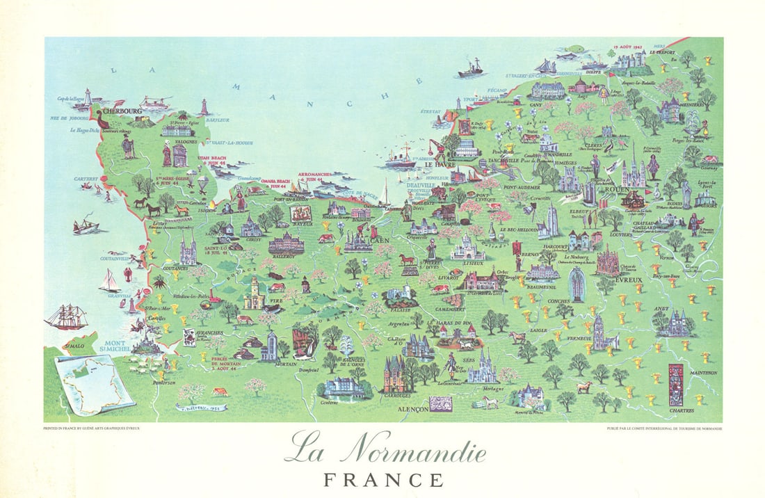 La Normandie pictorial map by R?my H?treau. Normandy D-Day/Overlord battles 1955: Title: La Normandie pictorial map by Rémy Hétreau. Normandy D-Day/Overlord battles 1955 Description: La Normandie - France'. This 1955 pictorial map of Normandy by Remy Hétreau,