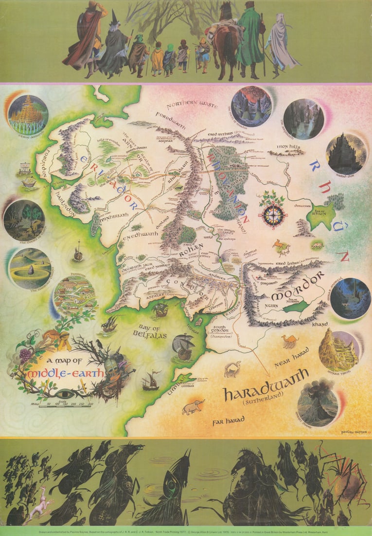 A map of Middle-earth by Pauline Baynes, JRR & CJR Tolkien. 73x50cm. 1977 (1 of 1)